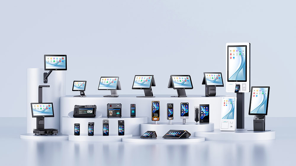 多款智能硬件设备展示，包括智能收银机、智能话机、多功能触摸屏和学生一卡通设备。.